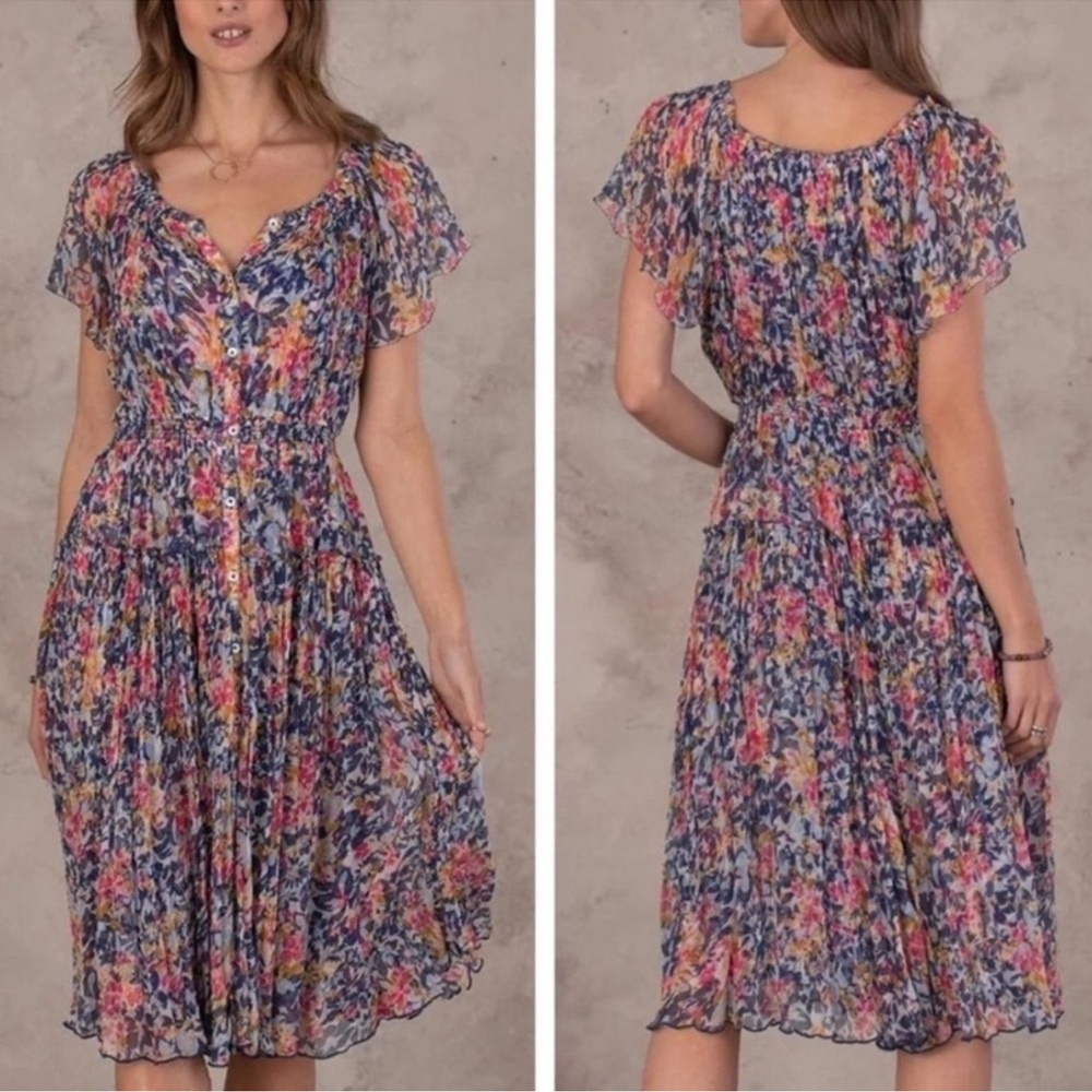 Sundance Clarisse Crinkle Floral Print Boho Midi Dress Medium Fluttered Sleeve